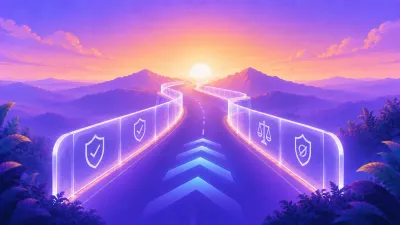 A glowing highway lined with translucent guardrail panels showing shield and scales icons, heading toward a sunrise