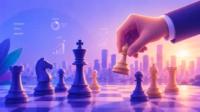 A hand moving a chess piece on a board with strategy and growth charts glowing behind a city skyline