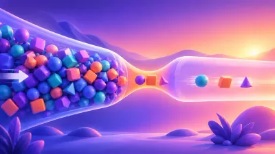 A wide tube crowded with colorful shapes narrowing into a funnel, with three shapes emerging on the far side